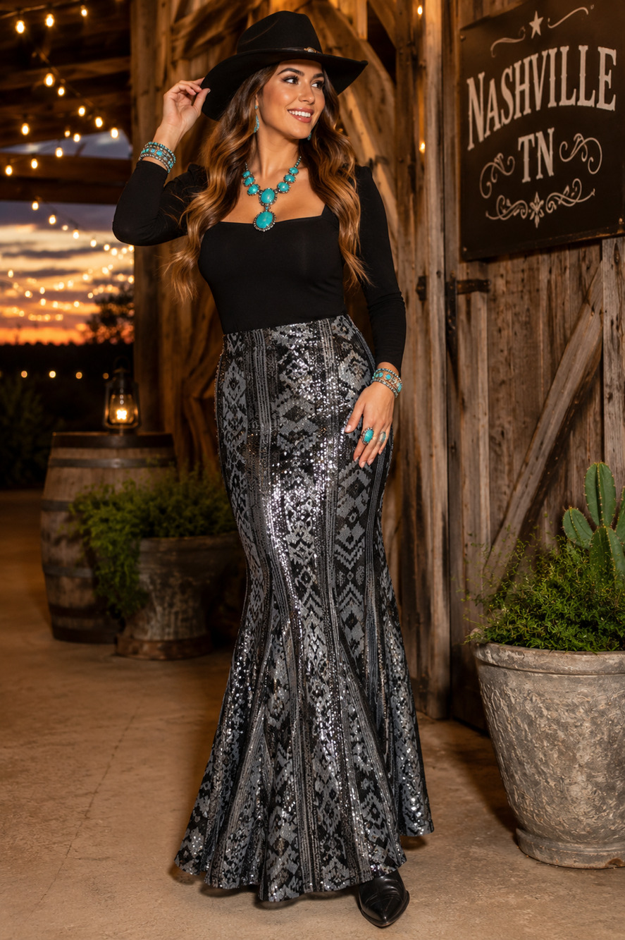 Crazy Train Sequin Aztec Mermaid Maxi Skirt 2XL NWT Retired Western Glam